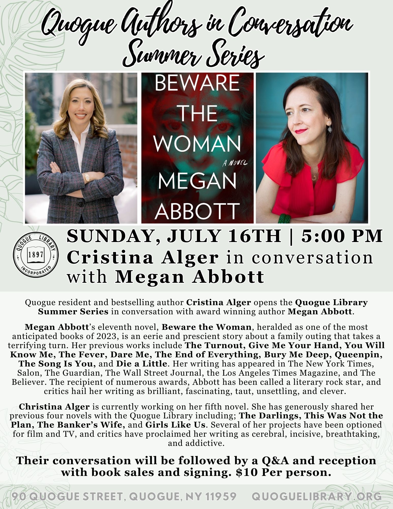 Quogue Authors in Conversation Cristina Alger Wang and Megan Abbott